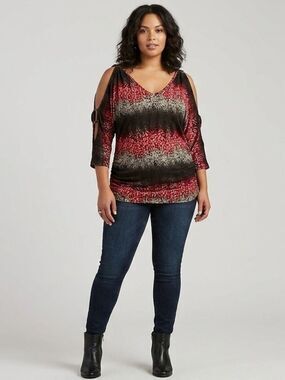 Blue Sketch Red Black Ombre Leopard Cold Shoulder Top Ruched Blouse Med